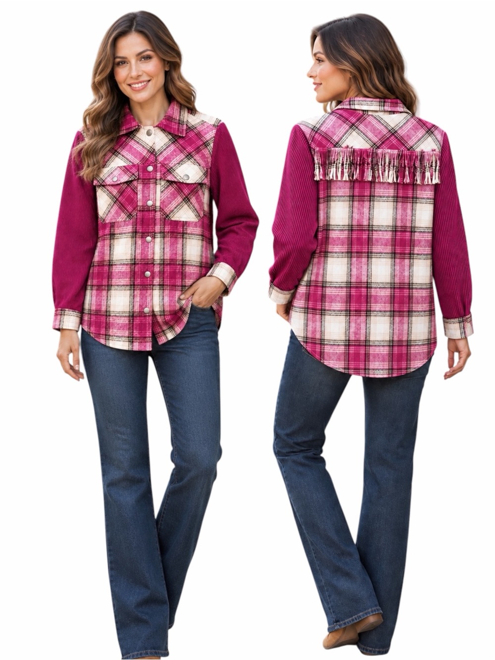 NEW Umgee Fuchsia Pink Plaid & Corduroy Fringe Trim Snap Up Shirt Jacket Shacket